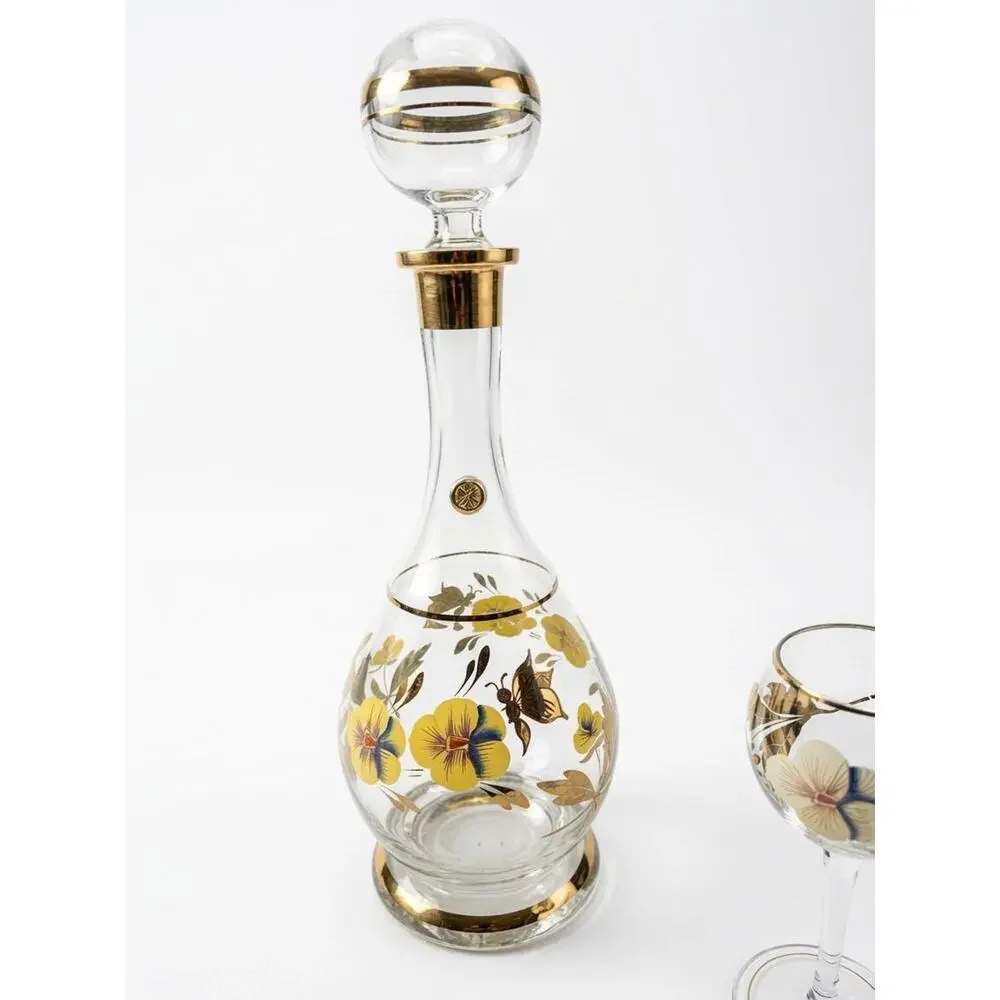 Vintage Bohemian Glass Decanter Set | Gold Gilt Pansy Butterfly Barware